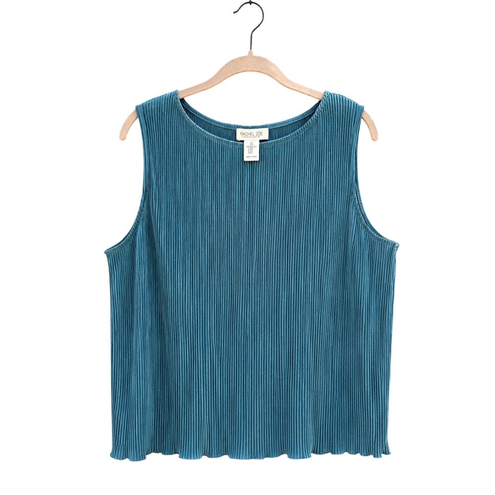 Rachel Zoe Blue Pleated Velvet Sleeveless Tank Top XL Textured Stretch Blouse - Picture 4 of 12